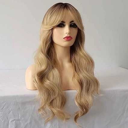 PERUKA Długie blond kręcone syntetyczne włosy z grzywką 55cm r.56