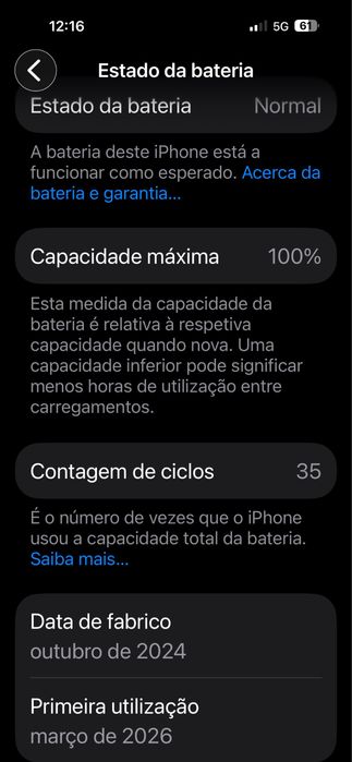 iPhone 16 pro max-comprado em Março/38 ciclos