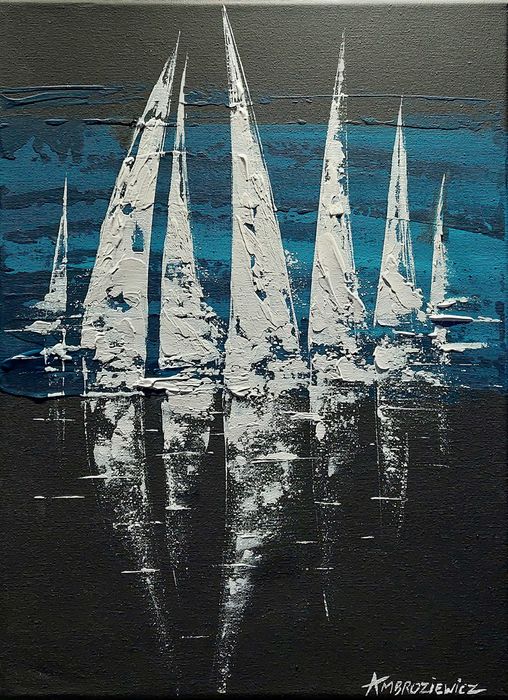 AMBROZIEWICZ obraz akrylowy żagle morze jachty abstrakcja nowoczesny