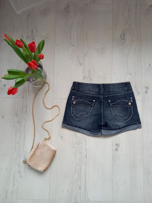 Spodenki krótkie szorty jeansowe z cyrkoniami podwijane elastyczne