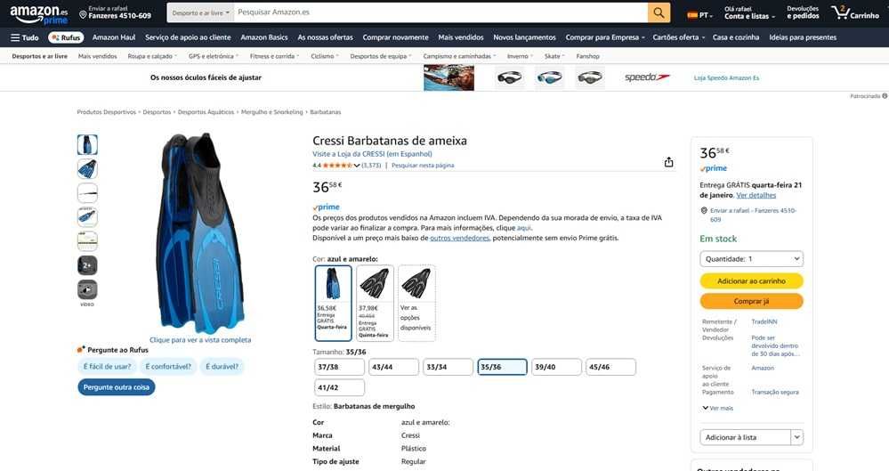 Cressi barbatanas de ameixa tam 35/36 (150)