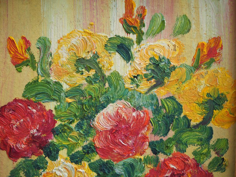 Stare obrazki olejne na dykcie, kwiaty, Krystiana Drzysga