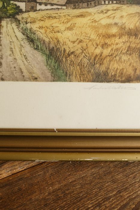 oryginalna skandynawska grafika z wiejskim pejzażem