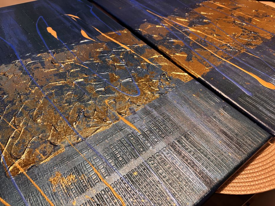 Duży dyptyk w abstrakcyjnym stylu 2X 50x70cm granatowo zielono złoty