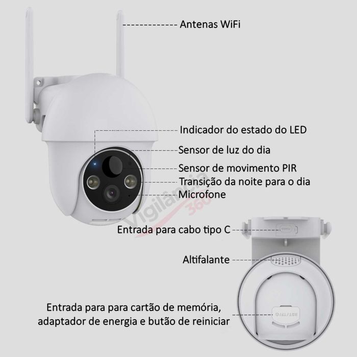 Câmara Vigilância WiFi 3MP Bateria e Painel Solar Visão Noturna a Cores IP66 - NOVA
