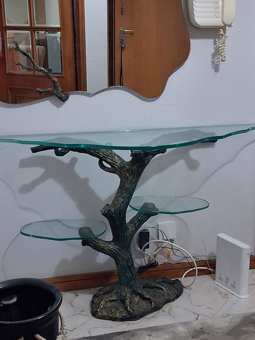 Conjunto  consola em metal e vidro + espelho