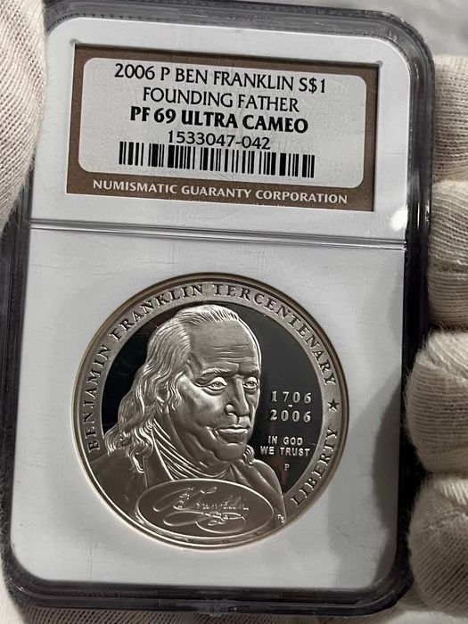 Долар 2006р. США. ФРАНКЛІН. СРІБЛО. ПРУФ. СЛАБ грейд PF69