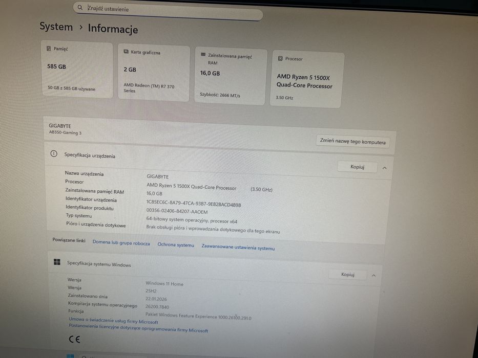 Komputer Gamingowy: Ryzen 5 1500X- 4R/8W/Dyski 628GB/16GB RAM/MSI-2GB/