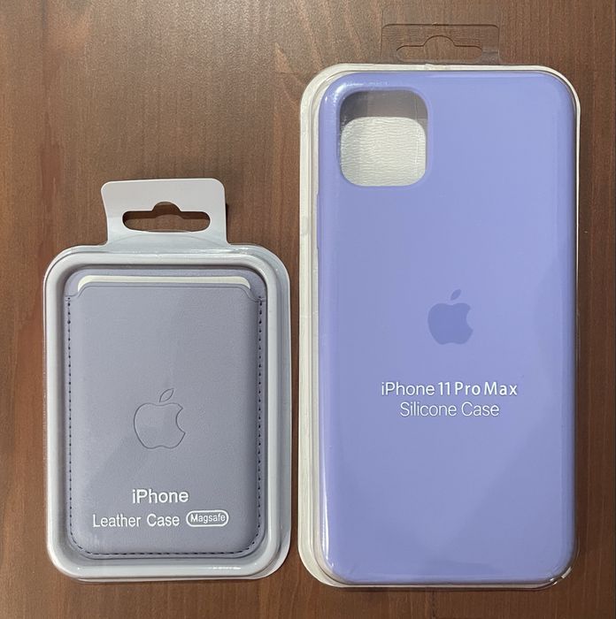 Zestaw: Etui iPhone 11 Pro Max silicone case + Magsafe Leather case fioletowe lila