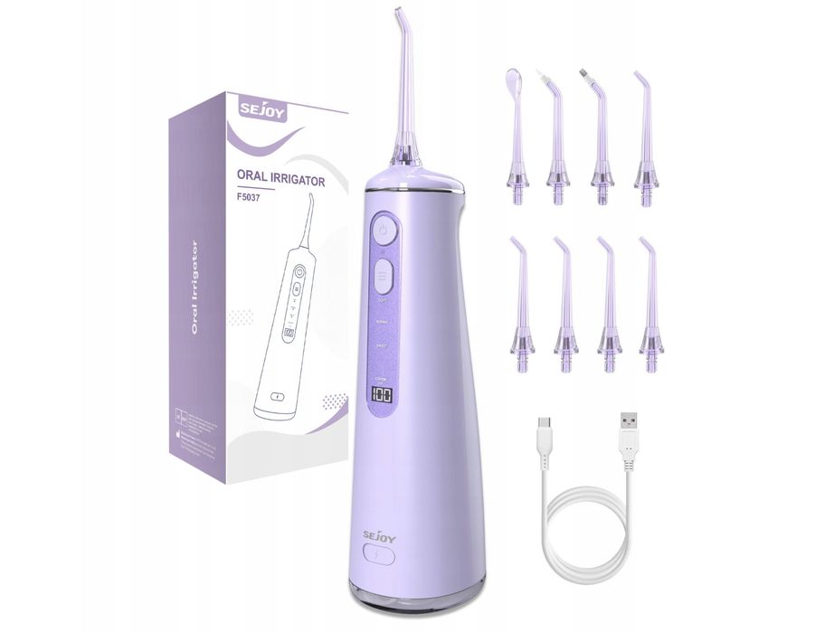 Irygator do zębów Sejoy bezprzewodowy 8 dysz 300ml fioletowy /czarny