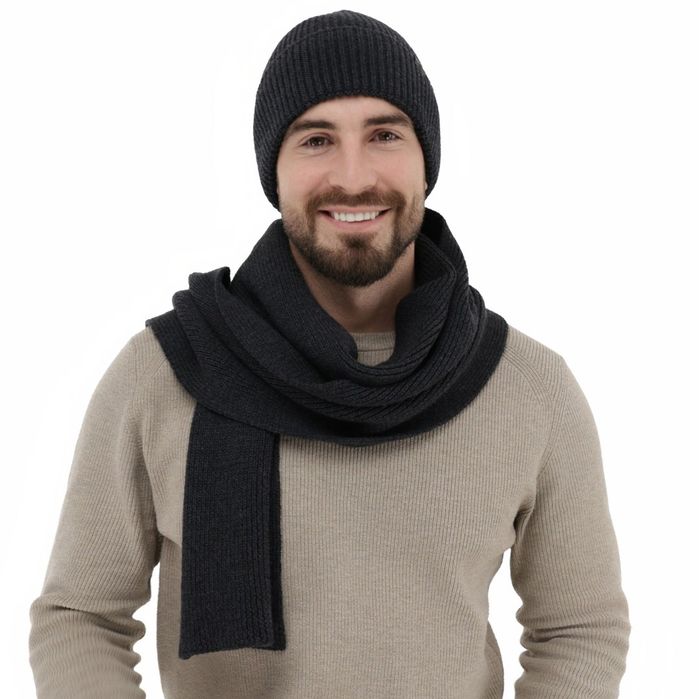Czapka i szalik męski zimowy komplet, ciemnoszary, 100% wełniany merino Brivio