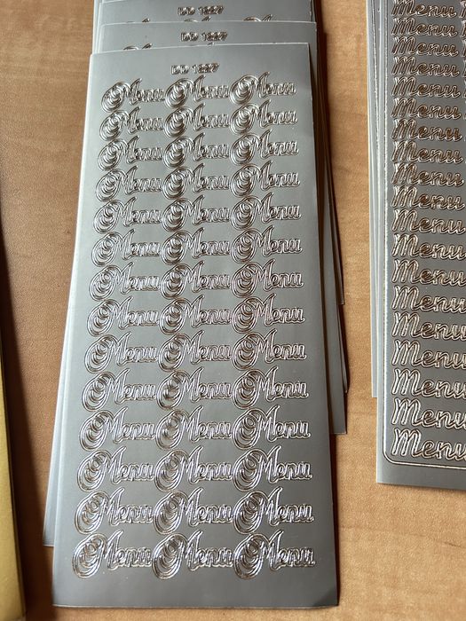 Zestaw 24 arkusze naklejki napis MENU złote, srebrne, NOWE + gratisy