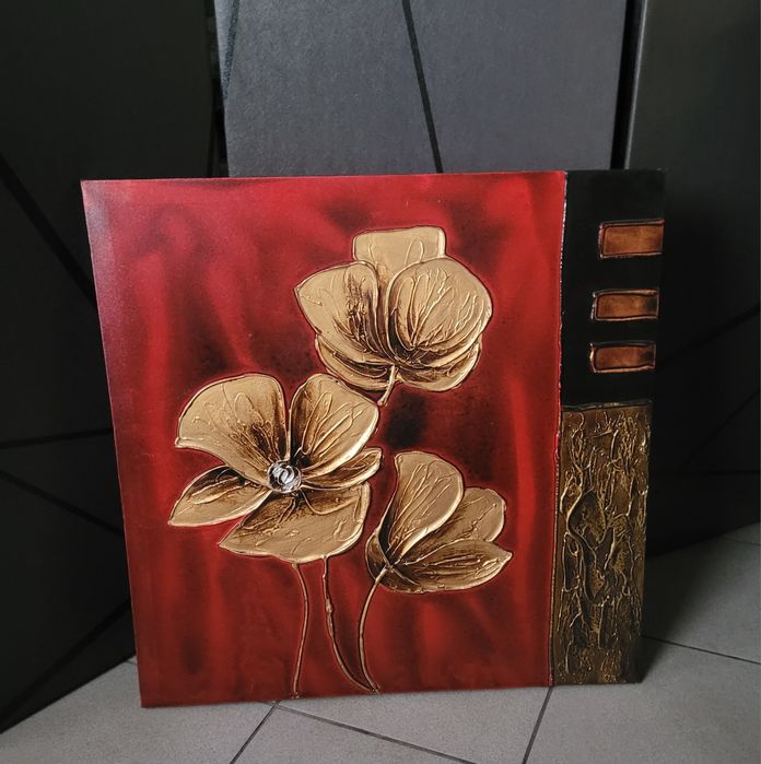 Obraz czerwony, złote kwiaty 60x60