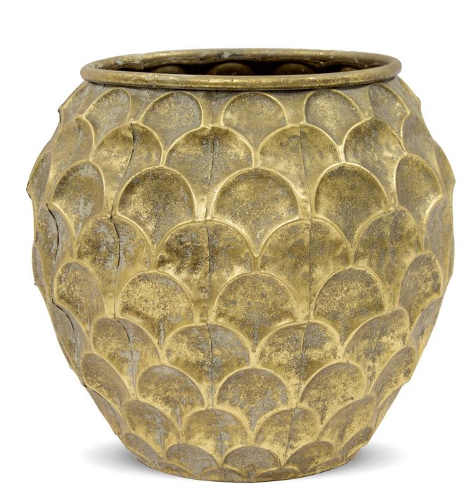 Złota Osłonka Na Doniczke Metalowa Niska Tłoczona Postarzana 126265