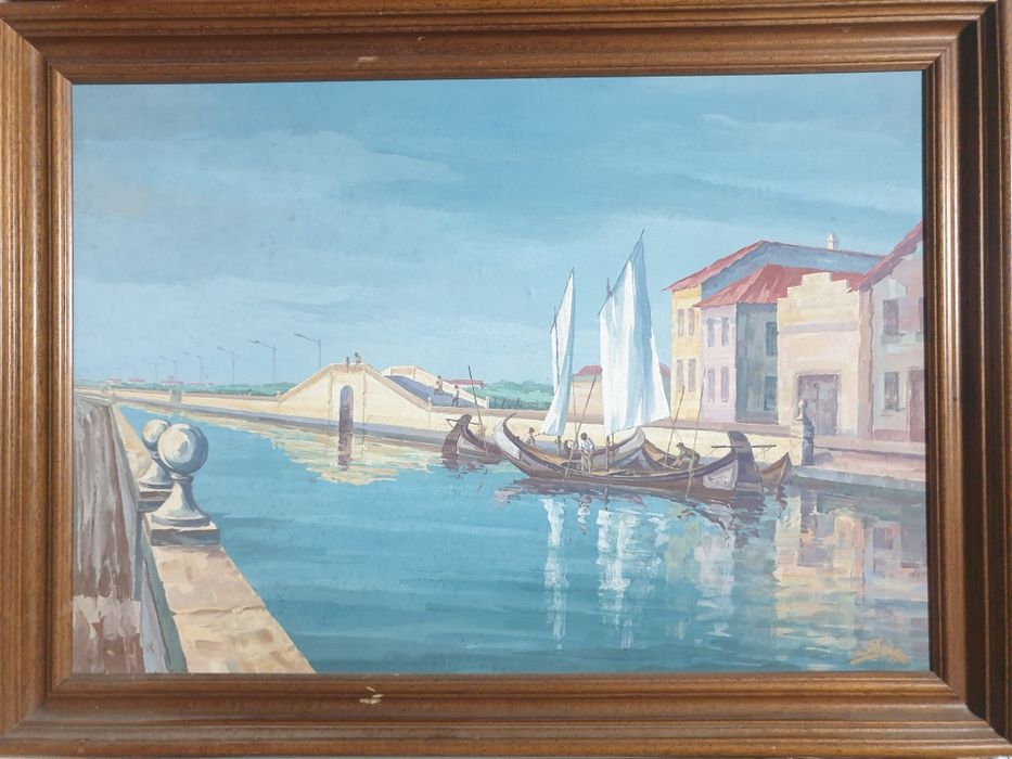 Paisagem fluvial Aveiro Canal Central - pintura em guache - assinada
