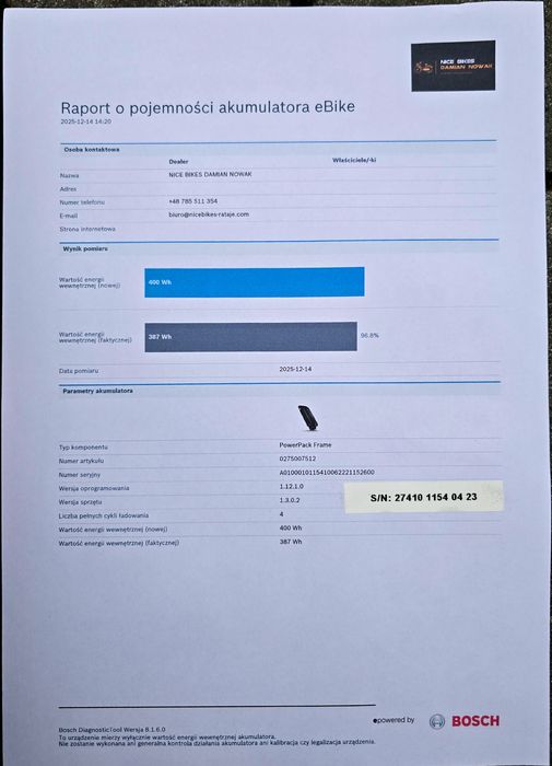 Bateria Akumulator BOSCH POWERPACK 400Wh na rame 4 cykle 97% sprawn