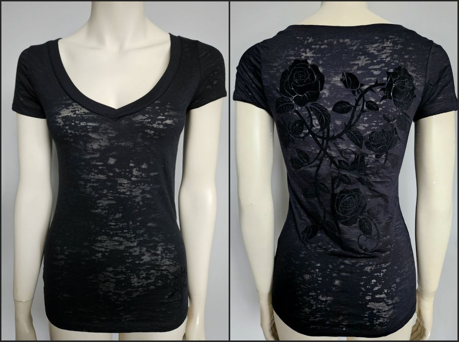 2x Koszulka t-shirt bluzka goth gothic S z dekoltem V burnout velvet