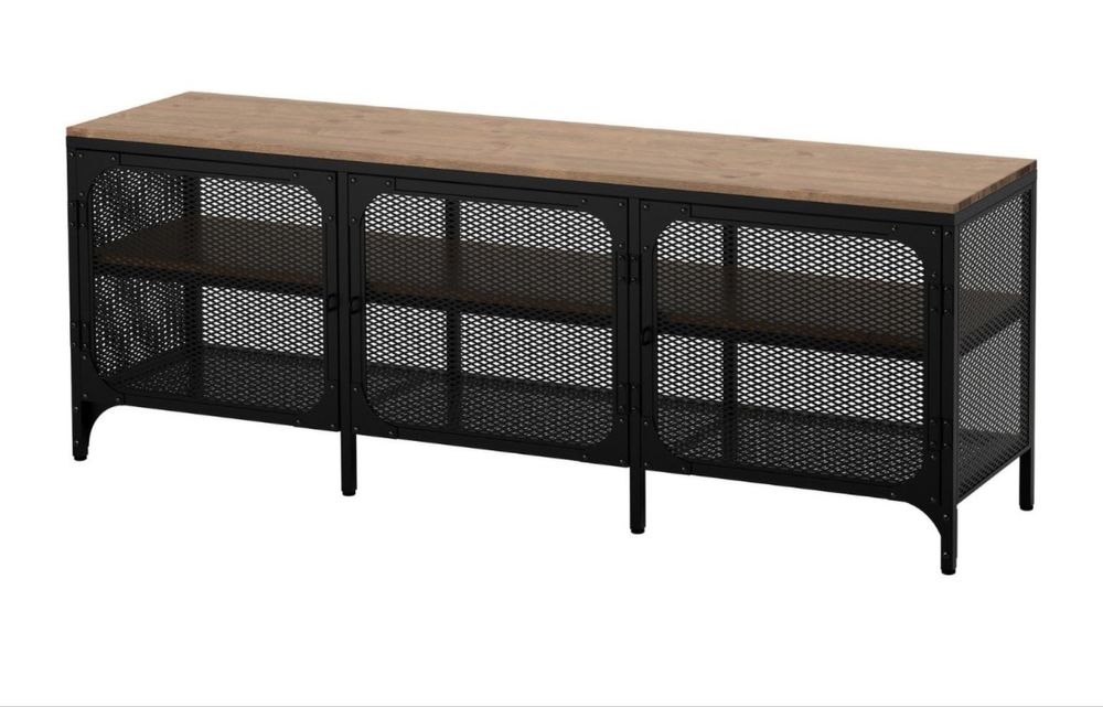 IKEA FJÄLLBO – Móvel TV industrial preto/madeira 150 cm