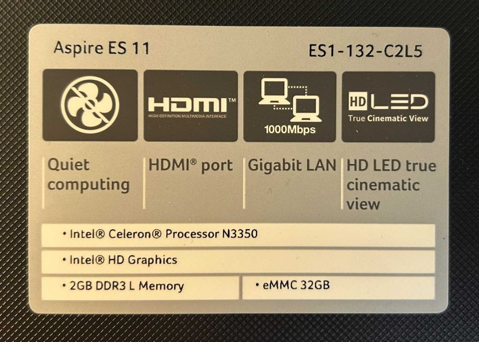 Acer Aspire ES11/Intel Celeron N3350/2gb. DDR3L/HDD 32 ГБ/Intel HD 500