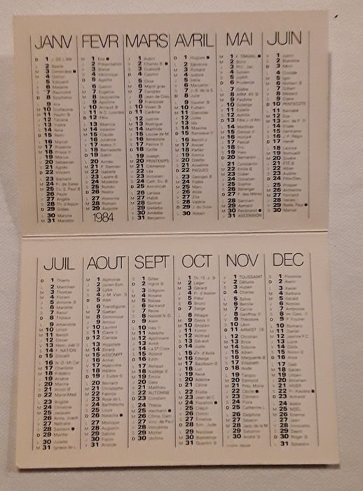 Calendário de bolso francês ano 1984