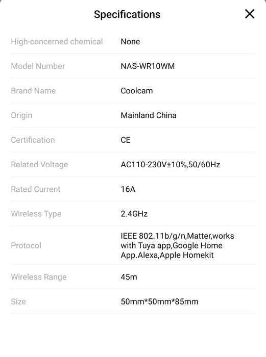 Розумна Wi-Fi  розетка Moes з підтримкою Matter 16A
