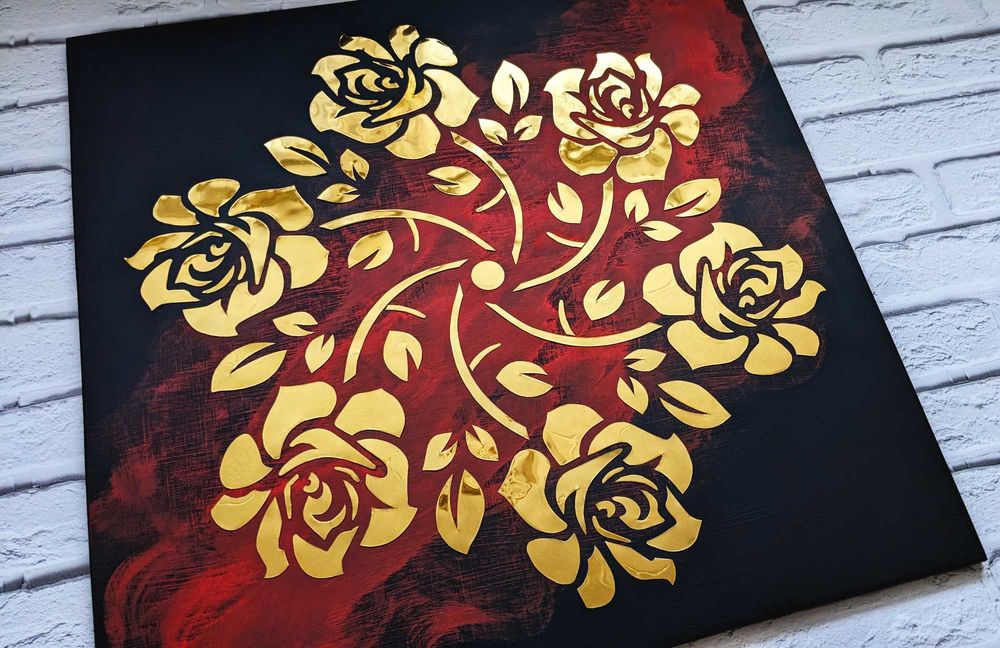 Картина золотая роза, панно из металла, зеркальное панно, арт металл