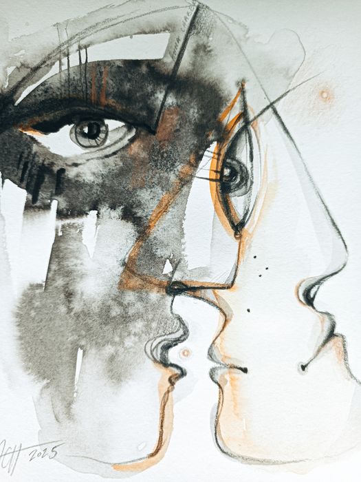 He and She akwarela szkic rysunek tuszem oryginał kwadrat chaber art