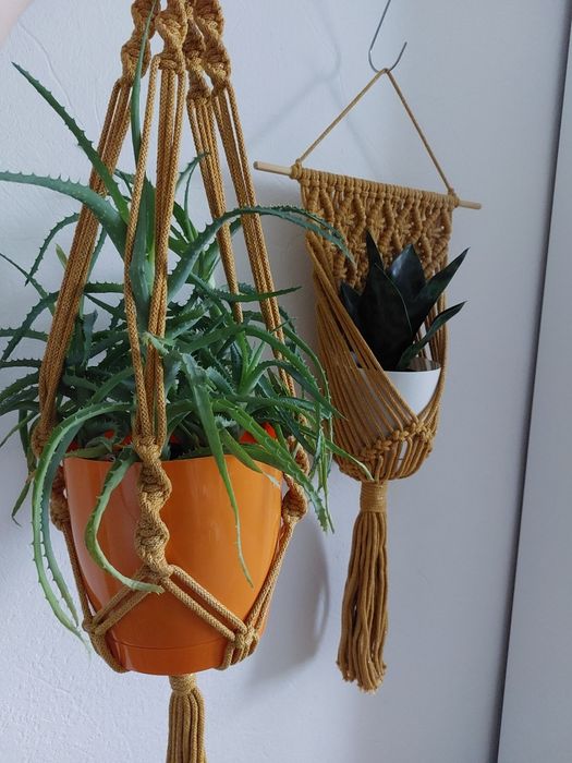 UP zestaw Kwietnik makrama wiszący na ścianie  Musztardowowo złoty