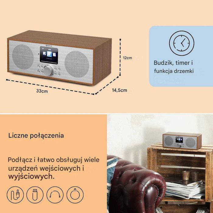 Radio Internetowe Auna Silver Star Stereo Wi‑Fi, DAB+ FM, Bluetooth, USB, Spotify, - brąz