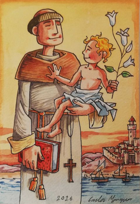 Aguarela. Santo António. Original de Carlos Marques
