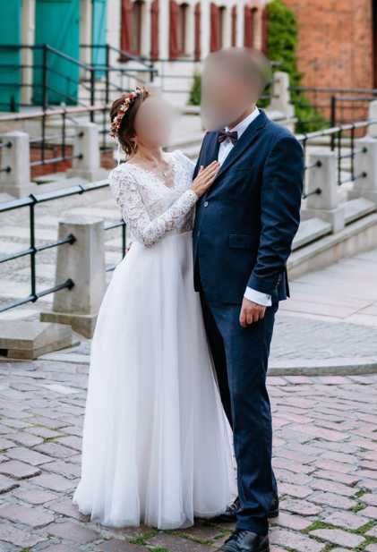 Suknia ślubna długi rękaw, koronka i tiul, rozmiar 36, 158-160 cm