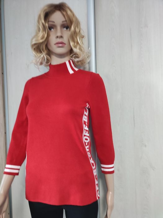 Sweter damski, czerwony, białe wstawki