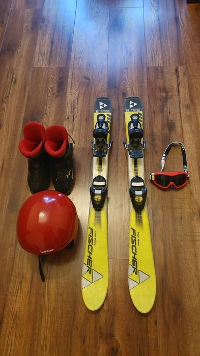 Narty Fischer dziecięce 88cm +kask 52-55cm +gogle+buty 18.5