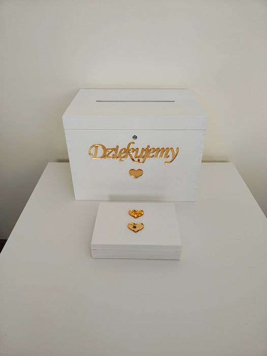 pudełko na obrączki skrzynka na koperty białe złote dodatki ślub nowe