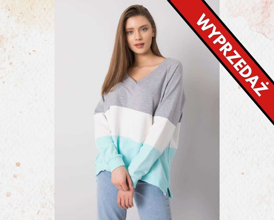 -> WYPRZEDAŻ - Bluza w kolorowe pasy z dekoltem V - Rozmiar:  S/M