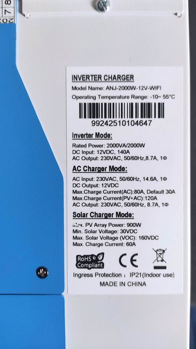 Гібридний інвертор Anenji ANJ-2000W-12V-WIFI