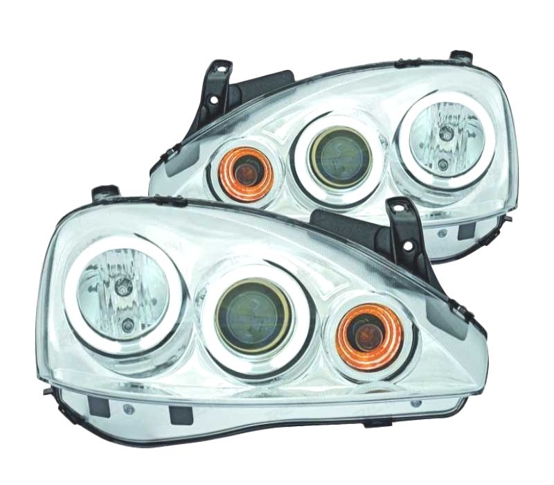 FARÓIS OPEL CORSA C 00-06 ANGEL EYES CCFL FUNDO CROMADO