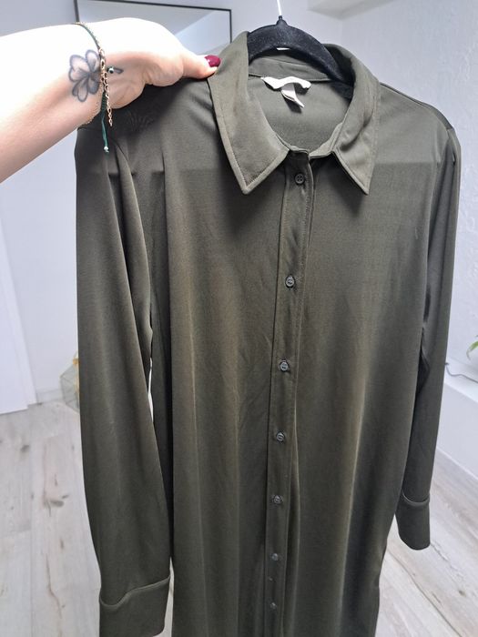 Zielona khaki sukienka na guziki długa H&M M oversize