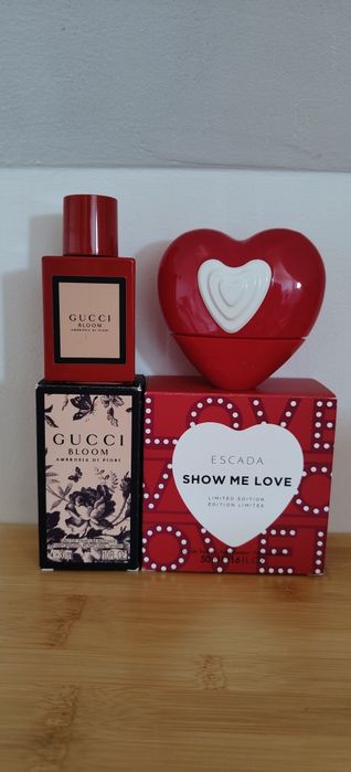 Puste butelki buteleczki flakony po perfumach wodach perfumowanych Gucci Bloom Ambrosia di Fiori 30ml Escada Show me Love 50ml