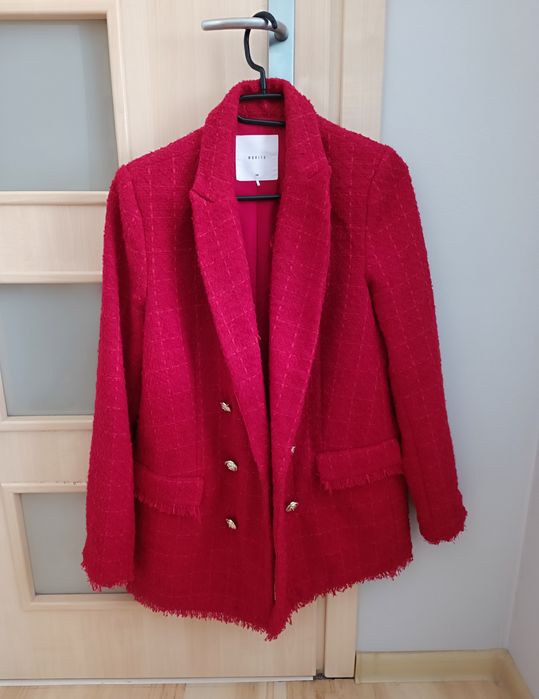 Czerwona tweedowa marynarka długi rękaw elegancka mohito 36 S