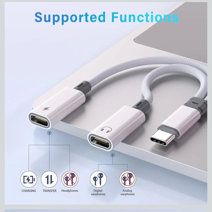 Rozdzielacz USB-C, podwójny adapter słuchawkowy i ładowarka USB-C