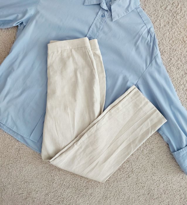 Spodnie H&M Spodnie z lnu i wiskozy Kremowo beżowe cygaretki Spodnie linen Blend Len wiskoza casual  36 S