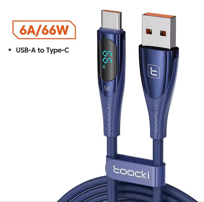 USB кабель Toocki  66W, 6A, 1м, з екраном, Type-A to Type-C