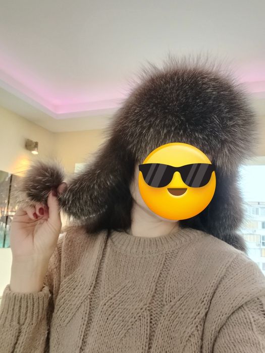 Шапка ушанка из чернобурки кожаная