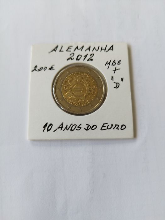 Moeda. 2,00 euros da Alemanha, 10 anos do euro Letra "D""