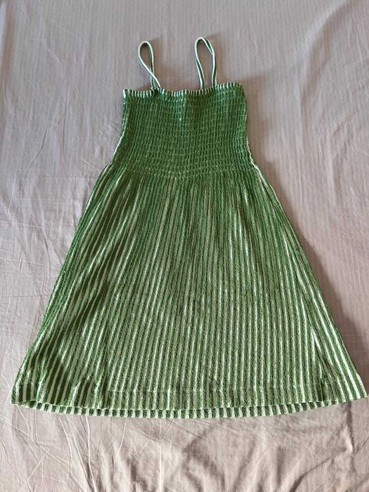 Vestido de malha Zara às riscas verde e cru, franzido, 13-14 anos