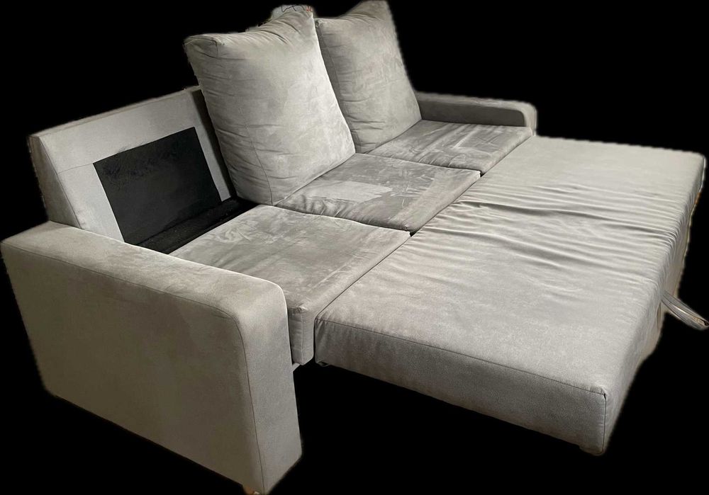 Sofá- cama, 3 lugares, tecido cinzento claro
