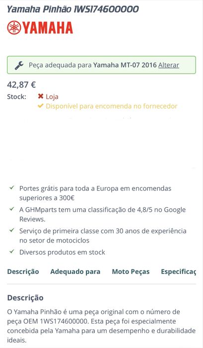 Vendo Pinhão e Cremalheira YAMAHA MT07