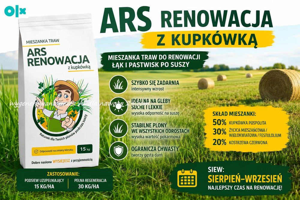 ARS Renowacja, mieszanka traw z kupkówka, ilość 15 kg na suche gleby