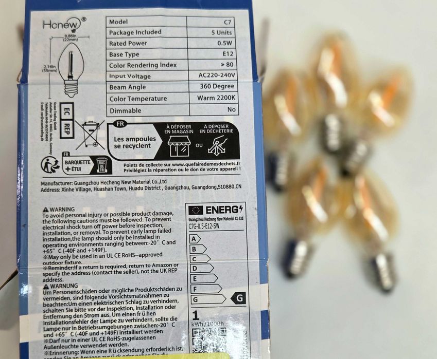 Lâmpadas led filamento c7 e12 0,5w 2200k – pack de 5